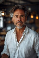 Fototapeta premium Mature businessman in white shirt, confident expression, modern office background, natural light, medium shot