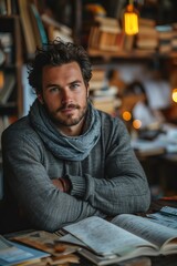 Obraz premium Young man in a cozy office filled with notes and books, warm lighting, direct gaze, medium shot