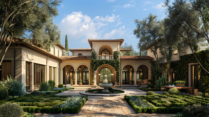 Elegant Mediterranean villa with terracotta tiles, arched windows, and a courtyard fountain, overlooking a serene olive grove