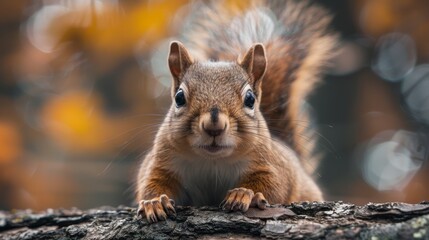 Curious squirrel is peering over a log, with a soft, blurred autumnal background