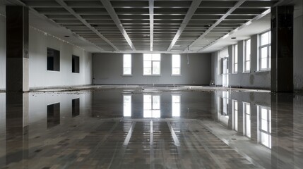 Obraz premium A dark, abandoned room with a significant ceiling leak, water pooling on the floor, creating reflections of the deteriorating surroundings