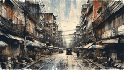 Fototapeta premium illustration of the old street with old school building 