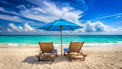 Obraz premium Tranquil beach scene featuring two blue lounge chairs under a beige umbrella on sandy shore against vibrant turquoise ocean background.