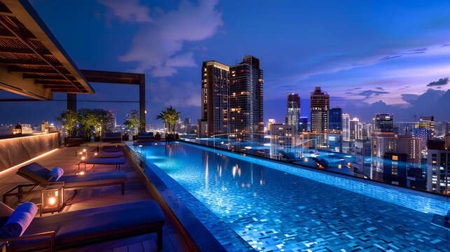 Expansive rooftop infinity pool with a bar area, modern lounge chairs, and panoramic views of a glittering city skyline at night