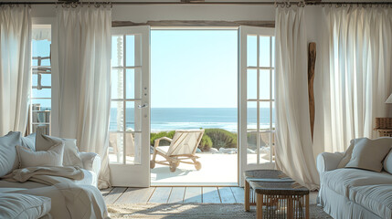 Fototapeta premium French doors with linen curtains in a cozy beach cottage, featuring driftwood furniture and soft pastel decor, opening to a serene ocean view