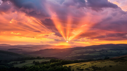 Fototapeta premium Golden rays breaking through a vibrant sunrise over rolling hills, a mix of orange and pink clouds illuminating the sky