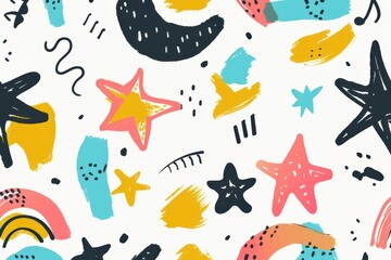 playful and vibrant seamless pattern featuring colorful doodles and simple shapes in a minimalist style perfect for childrens products or trendy designs with a fun creative aesthetic