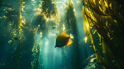Graceful angelfish gliding through a deep sea kelp forest with beams of sunlight filtering through the water