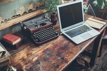 antique typewriter next to a sleek modern laptop