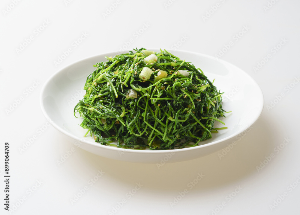 Sticker Close-up of Seasoned Seaside green(Spergularia marina) on white dish, South Korea
