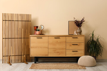 Stylish interior of living room with eucalyptus and cactus on chest of drawers