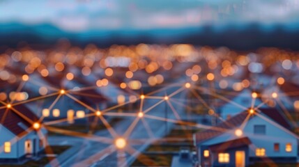 Smart grid EV charging stations integrated into the infrastructure of a neighborhood at night with a futuristic bokeh lighting effect creating a mesmerizing atmosphere of energy and innovation