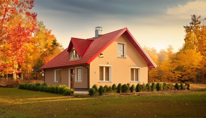 Small cozy house with red roof in autumn colors.
