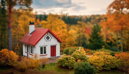 Small cozy house with red roof in autumn colors.