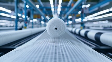 Modern textile factory scene, high-tech weaving machines producing intricate fabrics, vibrant threads and precise engineering