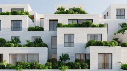 Sustainable eco friendly housing community with communal gardens and lush greenery  Modern minimalist architecture with clean lines natural materials