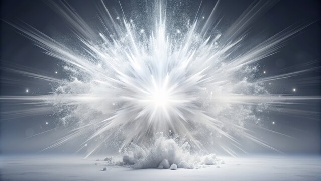 Vibrant white explosion radiates energy and intensity, evoking celestial power against a stark, pristine backdrop of pure white nothingness.