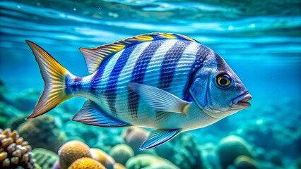 Vibrant blue and white striped fish with sharp, pointed fins and scales, swimming in a clear turquoise ocean water background.