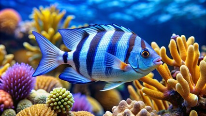 Vibrant blue and white striped fish with menacing sharp spines and fins swimming in a coral reef ocean environment.