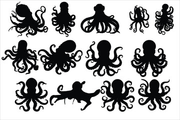 Octopus vector silhouette icon set.  