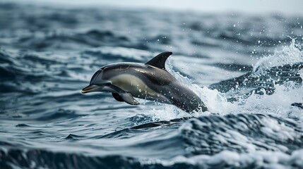 Obraz premium A stunning realistic photo of a dolphin leaping out of the ocean, underscoring the importance of marine conservation and the protection of marine wildlife, Minimalism.