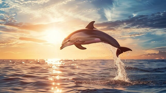 a image beautiful dolphin leaping jumping from shining sunset sea