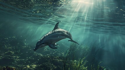 Obraz premium A serene underwater scene featuring a dolphin gracefully swimming with sunlight piercing through the water. 