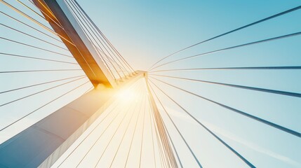 Obraz premium Close-up of a complex bridge structure at sunset, highlighting the intricate arrangement of cables and steel beams in modern engineering