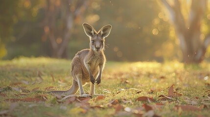 Fototapeta premium Shot of a baby kangaroo standing on a grassy field with a blurred background