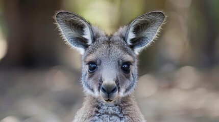 Fototapeta premium Close-up of a baby kangaroo (joey) looking directly at the camera, joey, close-up, wildlife, adorable, cute, young, animal 