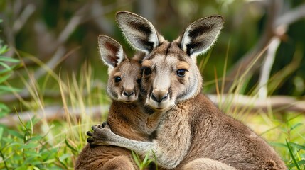 Fototapeta premium Mother and Baby Kangaroo Hug. Kangaroo Baby Wildlife