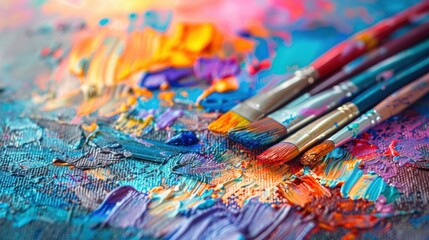 Fototapeta premium Close-up of colorful paintbrushes resting on a textured canvas with vivid paint strokes, capturing the essence of artistic creativity.