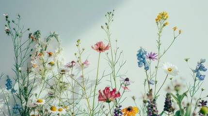 Fototapeta premium A variety of wildflowers blooming in a natural meadow, showcasing vibrant colors and delicate petals under natural light.