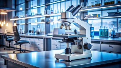 High-precision optical microscope with adjustable lighting and magnification settings on a clutter-free laboratory workbench awaits scientific exploration.