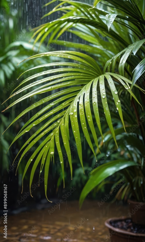 Canvas Prints Rain Drops on Palm Leaf.