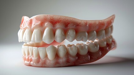 Obraz premium Set of dentures is sitting on a white background, showing healthy gums and teeth