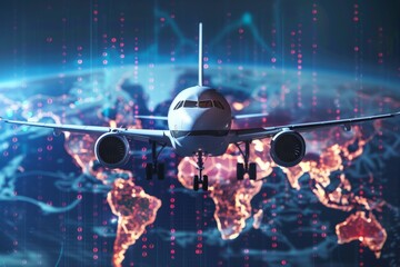 Airplane Soaring Over Earth With Digital Overlay
