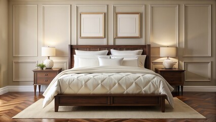 Fototapeta premium Cozy, uncluttered bedroom features a plush white comforter on a dark wooden frame bed against a serene, ivory painted wall backdrop.