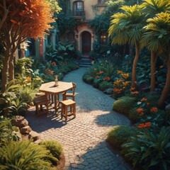 Fototapeta premium Serene Garden Patio with Stone Path and Lush Greenery.