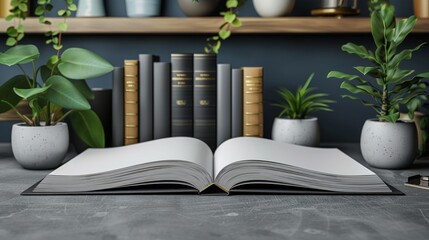 Open book with blank pages lying on a desk with plants and a bookshelf in the background