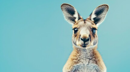 A small baby kangaroo peeking out of its pouch on a sky blue background. 