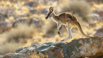 Naklejka premium A red kangaroo leaps over a rocky outcrop in the Australian outback 
