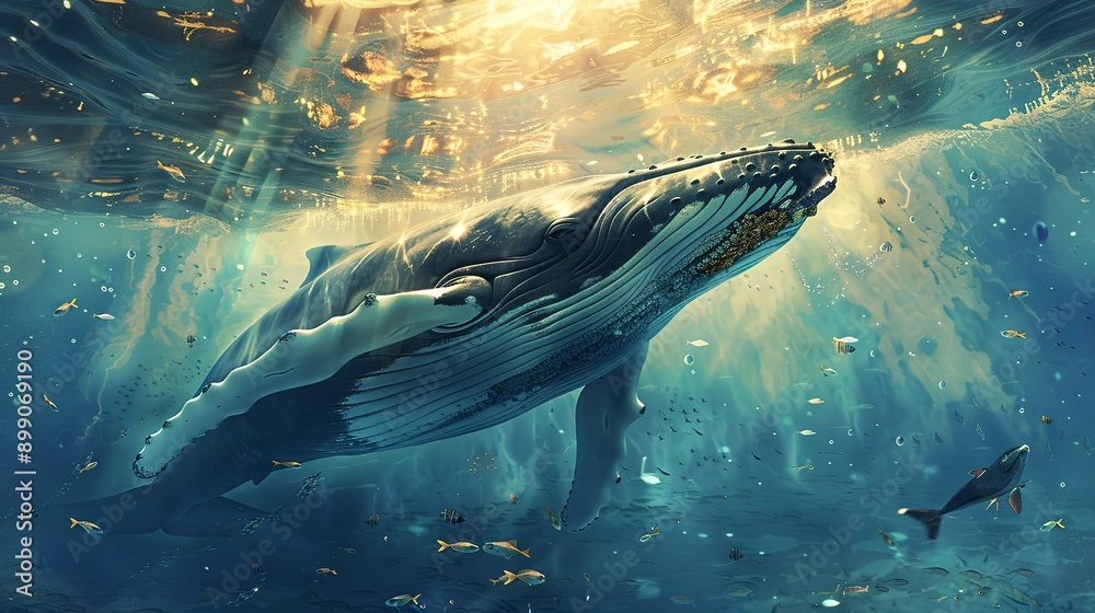 Poster A majestic humpback whale breaching the surface, with a school of fish scattering around, illuminated by rays of sunlight penetrating the crystal-clear water.