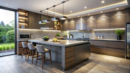 Sleek modern kitchen with minimalist design features sleek countertops, refined cabinetry, and strategically placed LED lights for a sophisticated ambiance.