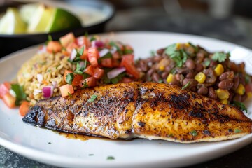 Grilled Fish with Rice, Black Beans and Salsa