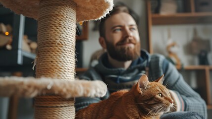 Male cat sitter and red-haired cat seeing at side. Cat portrait next to scratching post. House sitting and feline care service. Furry friend, domestic animal pet photo