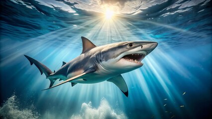 Fototapeta premium Fierce grey reef shark breaches water's surface, jaws agape, razor-sharp teeth exposed, amidst murky blue-green ocean surroundings with sunbeams filtering down from above.