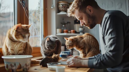 Male cat sitter taking care of three cats and one kitten. House sitting and feline professional care service. Furry friends, domestic animal pets photo