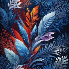 Blue and Orange Tropical Leaves Pattern.