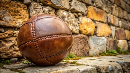 Rustic leather pelota ball resting on ancient stone wall, worn texture and earthy tones evoking Basque culture's rich heritage.